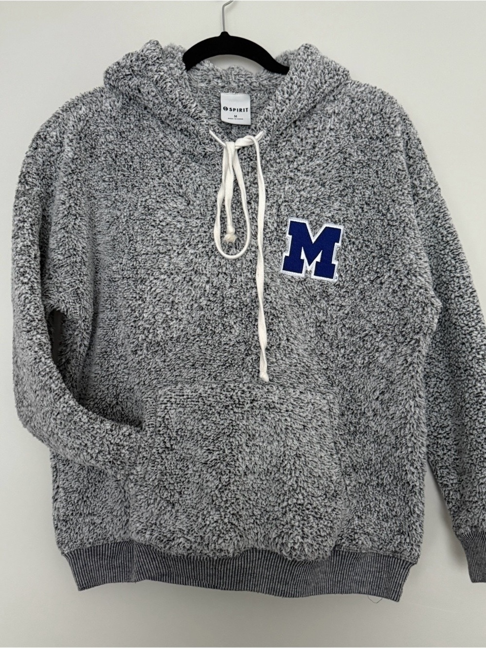 Spirit Jersey Hooded Sherpa Pullover Hoodie - Gray with Blue M Patch Size M